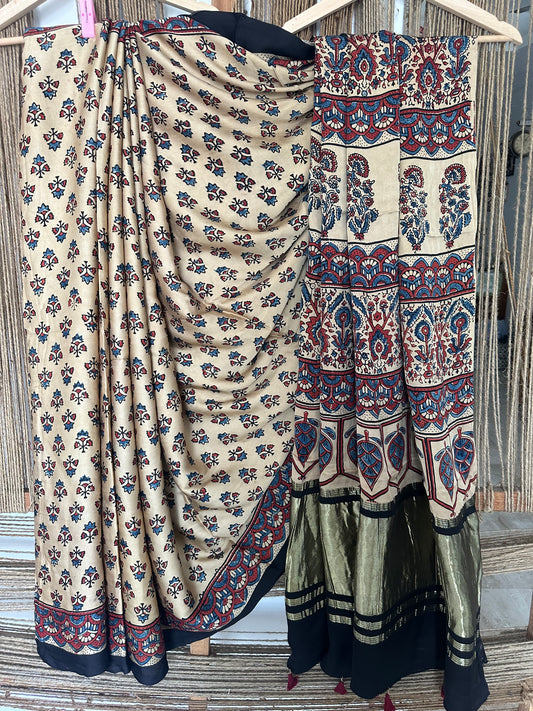 BEIGE AJRAKH MODAL SILK SARI WITH ZARI BORDER