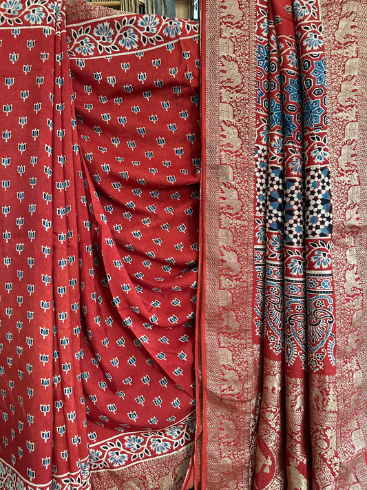 RED DOLA  SILK AJRAKH ZARI BORDER SARI