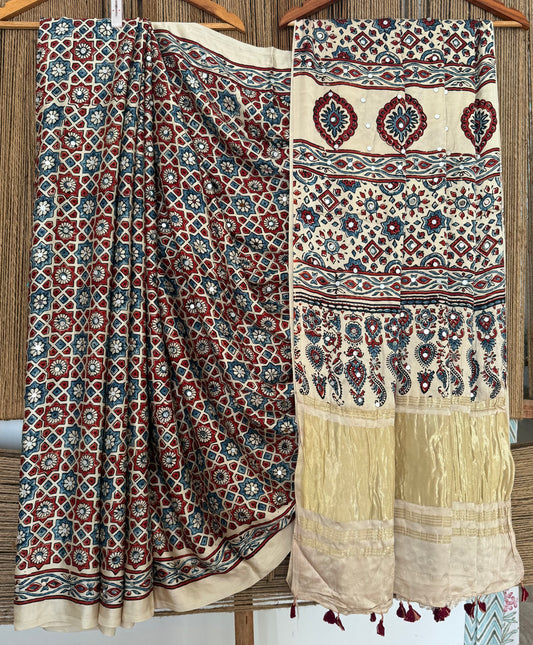 KHAKI BEIGE AJRAKH HANDCRAFTED MIRROR WORK MODAL SILK SARI WITH ZARI PALLU