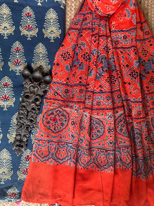 SAPPHIRE BLUE AJRAKH HANDBLOCK AND HAND EMBROIDERY KURTA WITH  AJRAKH HAND EMBROIDERY DUPATTA