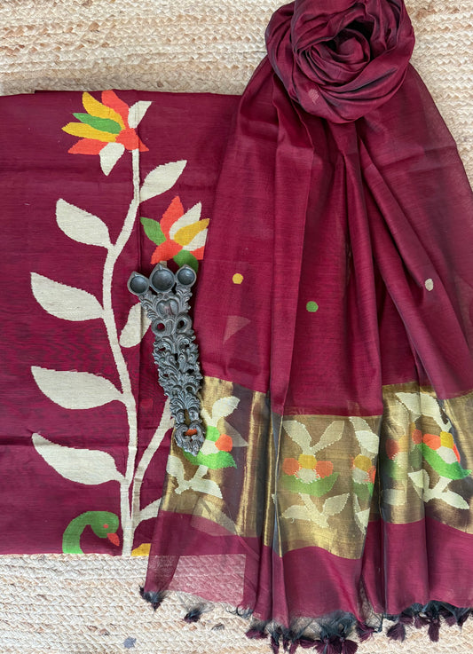 Burnt Maroon handwoven jamdani pure cotton silk kurta set mjk