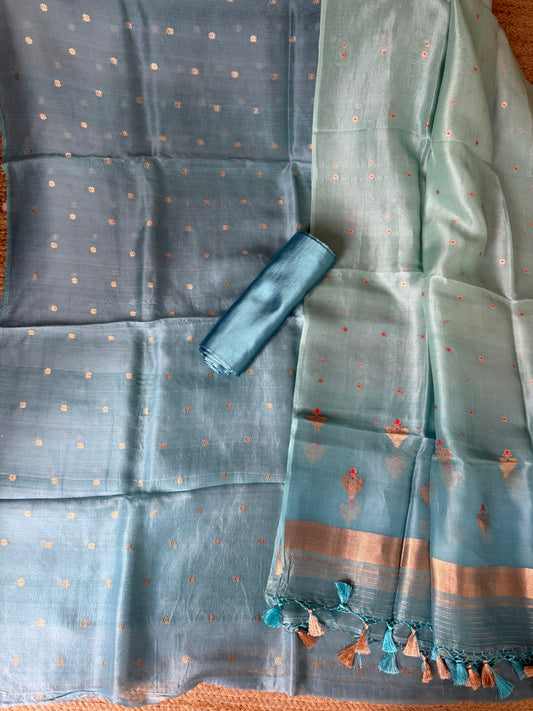 Baby Blue kora silk certified handloom banarsi kadwa booti meenakari Ombré Shade Duppatta three piece suit
