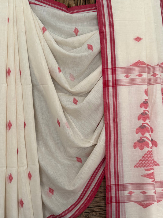 WHITE CLASSIC  AUTHENTIC HANDWOVEN JAMDANI WEAVING PURE COTTON SARI