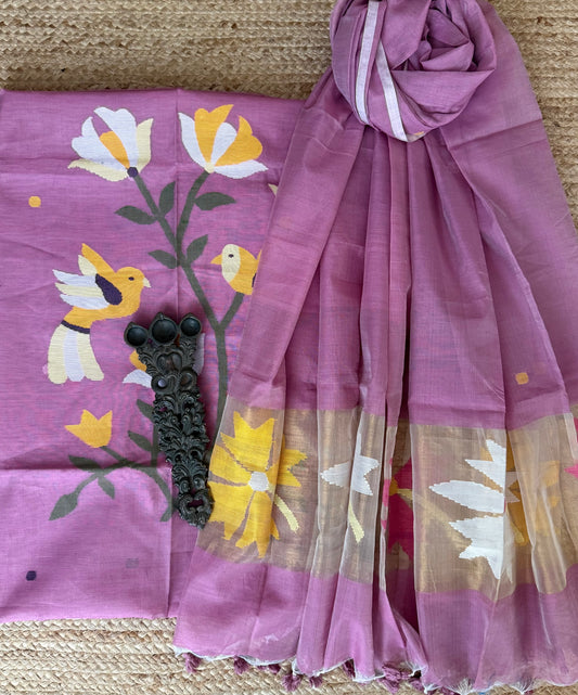 Pastel Pink handwoven jamdani pure cotton silk kurta set mjk