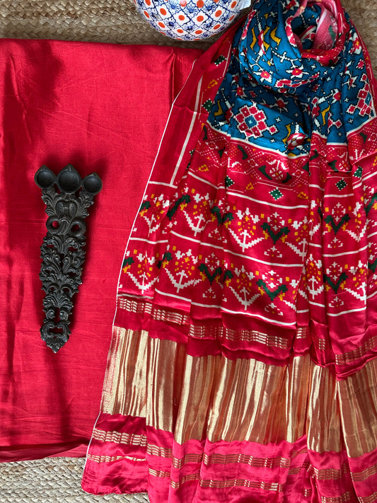 RED MASHRU  SILK KURTA WITH PATOLA HANDCRAFTED MODAL SILK DUPATTA PS- 104