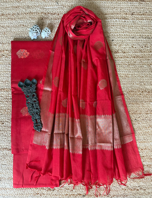 Red Chanderi handloom  Banarsi Booti three piece suit  CBS-308
