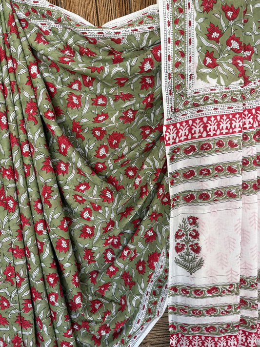 Green sanganeri handcrafted block print cotton sari