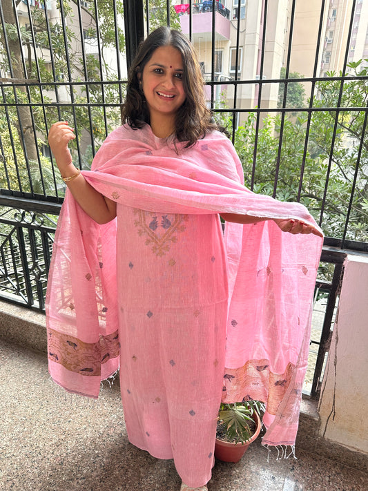 PINK WOVEN LINEN  KURTA SET