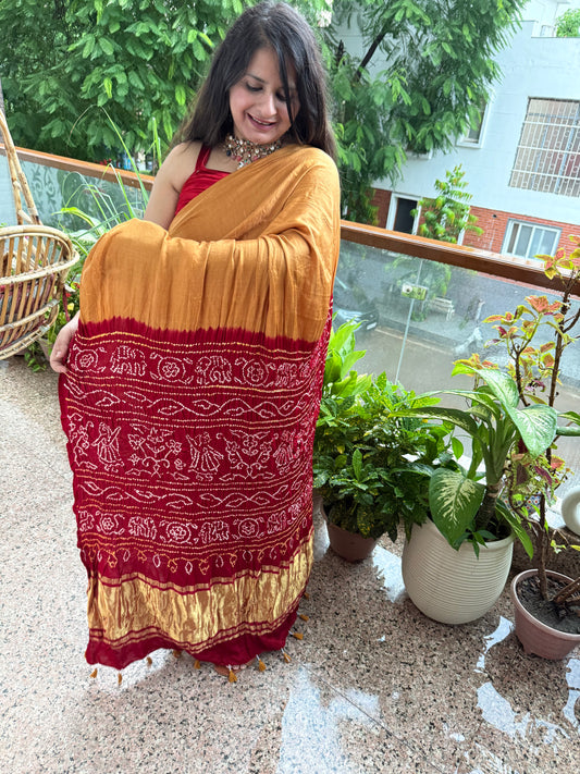 Golden  & MAROON GAJJI SILK RAI BANDHANI CHAKRA THEME GAJJI SARI  BS- 206
