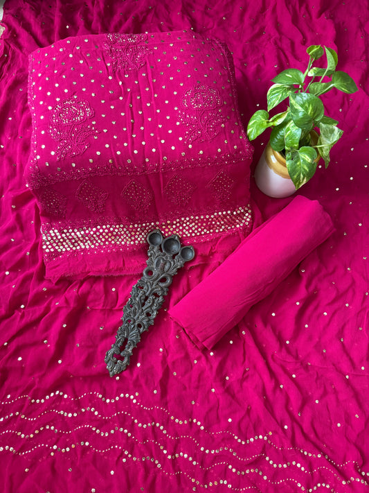 Fluorescent Pink premium mukesh work Georgette lucknowi chickenkari hand embroidery three piece suit