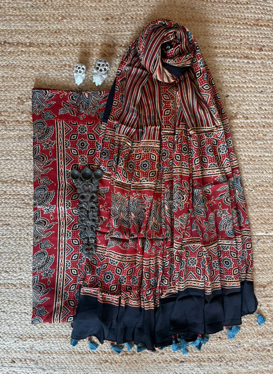 RED  AJRAKH MODAL SILK HANDBLOCK KURTA SET