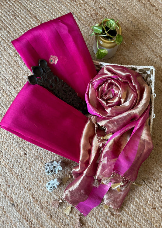 Bright Pink Kora Silk Certified Handloom Banarsi Kadwa Booti Three Piece Suit