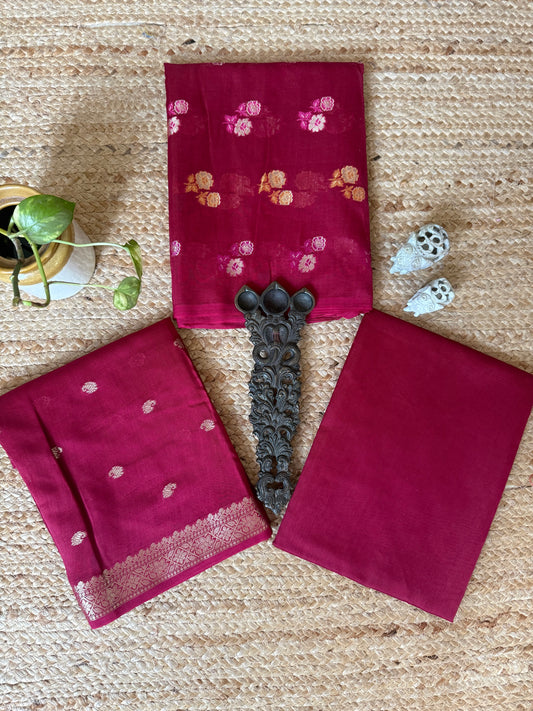 Vivid  Maroon Chanderi handloom  Banarsi Booti three piece suit  CBS-304