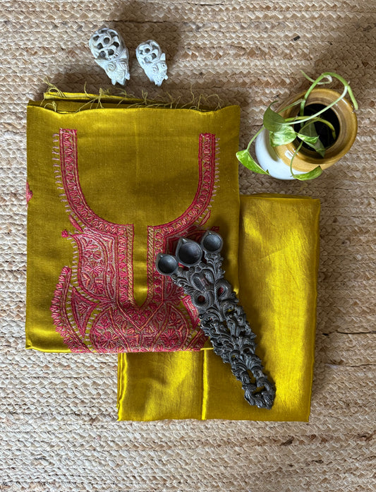 MUSTARD MASHRU SILK HAND EMBROIDERY KASHMIRI HANDEMBROIDERY SOZNI WORK CORD SET Cs- 20