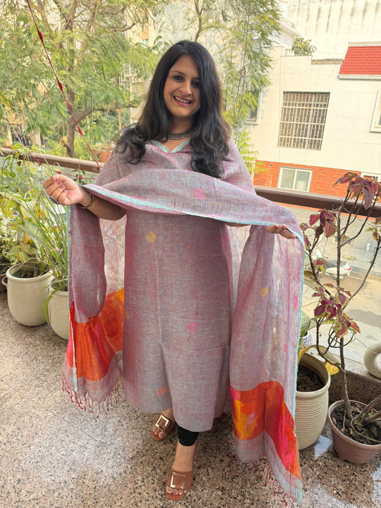 PIGEON BLUE & RED DUAL SHADE JAMDANI LINEN  KURTA SET LJS-302