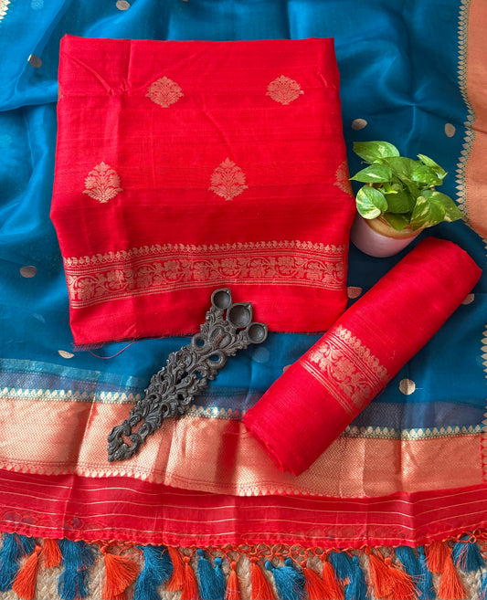 Amaranth Red raw silk certified handloom banarsi kadwa butti with woven zari three piece suit