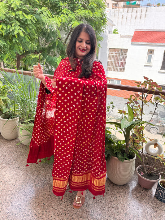 BLACK MASHRU  SILK KURTA WITH RED BANDHANI HANDCRAFTED MODAL SILK DUPATTA PS-1083