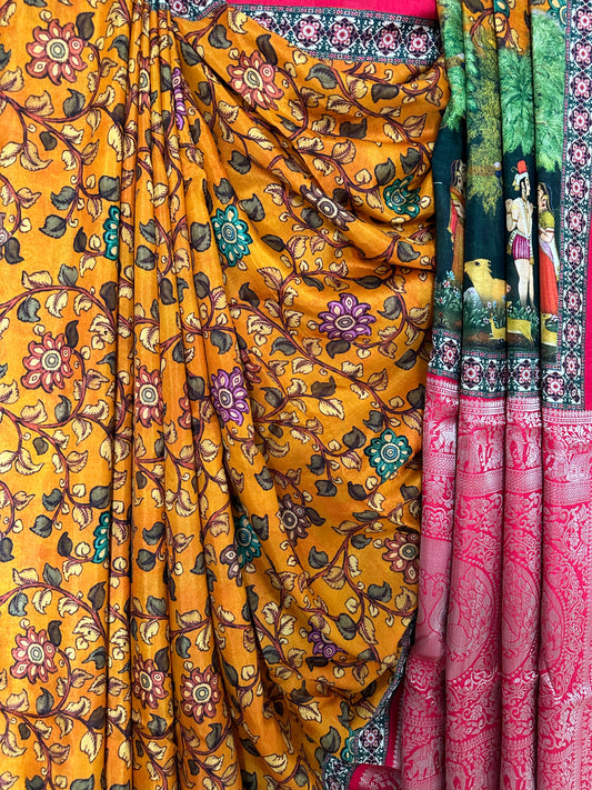 MUSTARD REDDOLA  SILK PICHWAI PRINT ZARI BORDER SARI