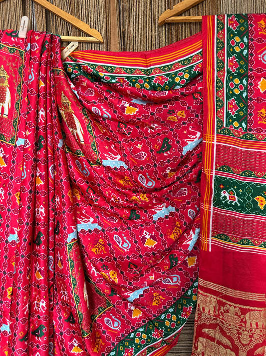 RED ELEPHANT  PATOLA MODAL SILK PATOLA PRINT SARI WITH ZARI BORDER