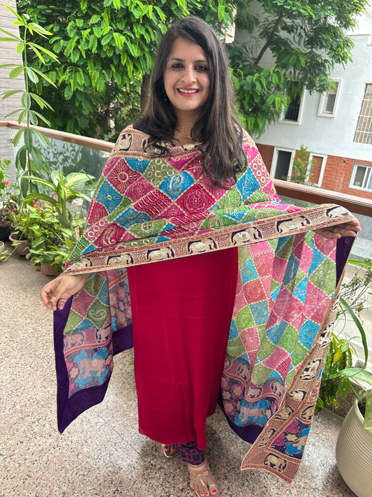 RANI PINK MODAL SILK KURTA WITH VINTAGE HANDCRAFTED HEAVY EMBROIDERY GEORGETTE DUPATTA VKS-2