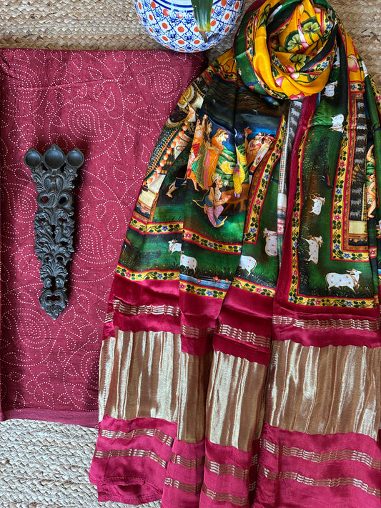MAROON MASHRU SILK KURTA WITH PATOLA PRINT MODAL SILK DUPATTAS PS-10121