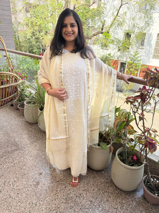 Pale  pink premium mull chanderi lucknowi chickenkari with moti work hand embroidery three piece suit