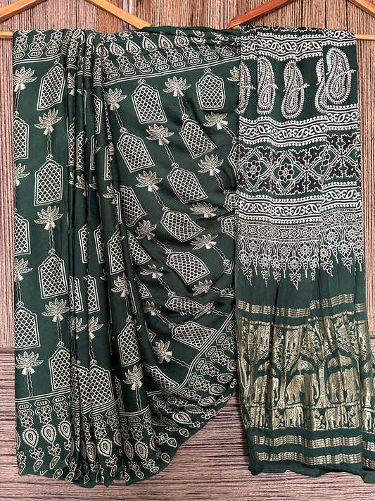 BOTTLE GREEN AJRAKH PRINT  MODAL SILK SARI WITH ZARI BORDER