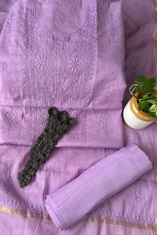Lavender pink premium  chanderi cotton lucknowi chickenkari hand embroidery three piece suit