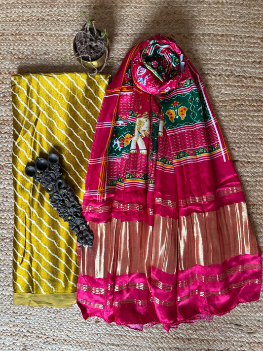 LIME GREEN LEHERIYA MASHRU SILK KURTA WITH  PATOLA PICHWAI HANDCRAFTED MODALSILK DUPATTA PS-245