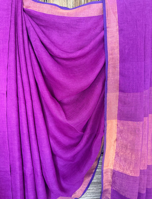 Purple linen cotton sari with woven border & tassels