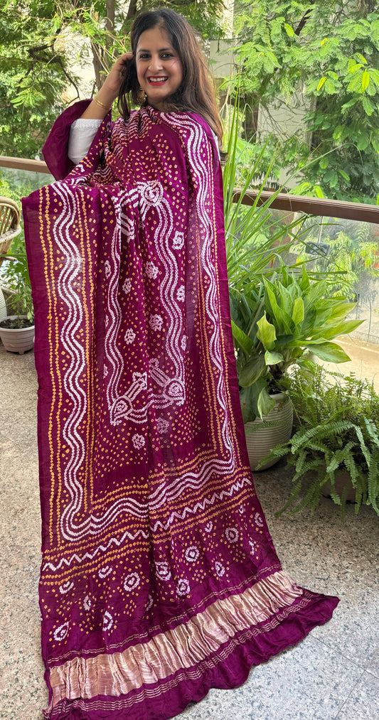 Purple rai bandhani gajji silk Handcrafted Gharchola dupatta