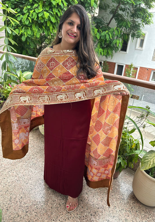 MAROON SOLID MODAL SILK KURTA WITH VINTAGE HANDCRAFTED HEAVY EMBROIDERY GEORGETTE DUPATTA VKS-5