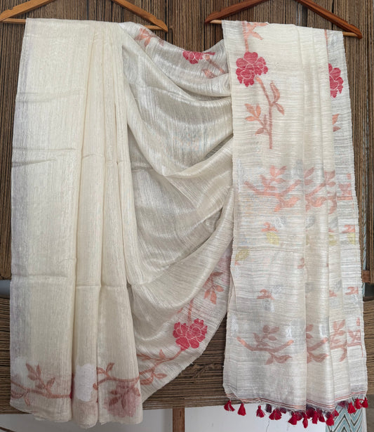 White & Red jamdani handwoven pure Matka  silk certified sari