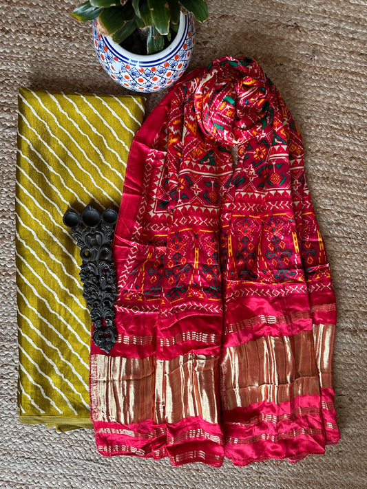 MUSTARD LEHERIYA MASHRU SILK KURTA WITH PATOLA HANDCRAFTED MODAL SILK DUPATTA PS-43
