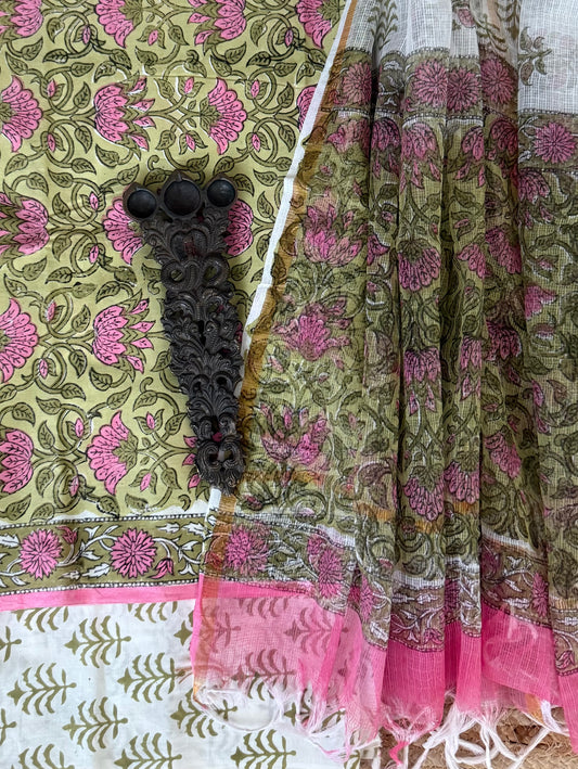 MOSS GREEN COTTON HANDBLOCK SUIT SET