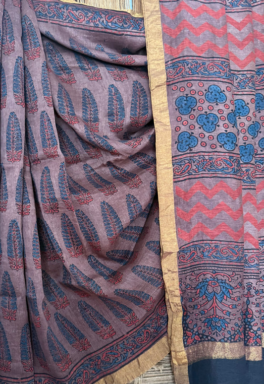 MAROON  NATURAL DYE HANDCRAFTED HANDBLOCK AJRAKH LINEN SILK SARI