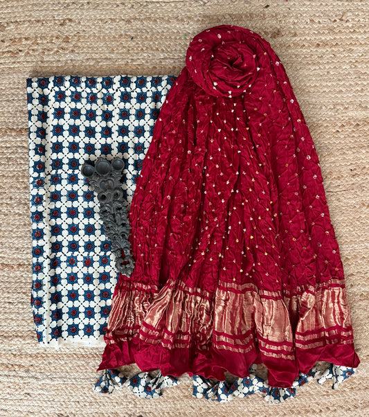 Beige & red ajrakh mashru silk kurta with bandhani handcrafted modal silk dupatta
