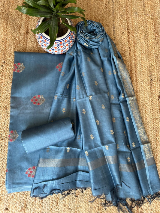 DUSTY BLUE BANARASI CHANDERI  HANDLOOM THREE PIECE  SET SUIT