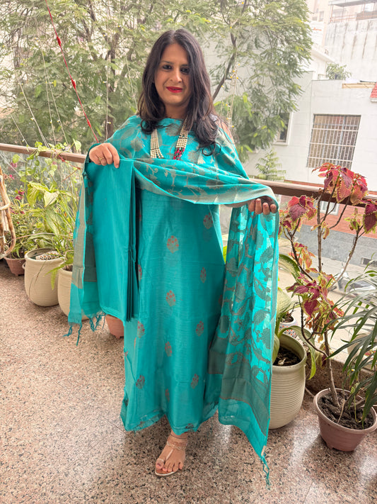 Teal Blue Chanderi handloom  Banarsi Booti three piece suit  CBS-301