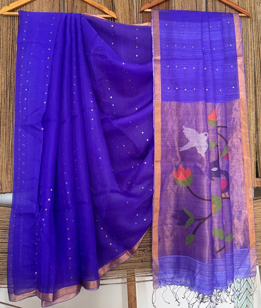 Royal Purple Jamdani sequence work handwoven pure muslin silk sari With Paithani Jamdani Pallu  and  Matka Silk Blouse Piece