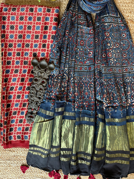 MAROON AJRAKH PRINTED MASHRU SILK KURTA WITH AJRAKH  HANDCRAFTED MODAL SILK DUPATTA  ps-233