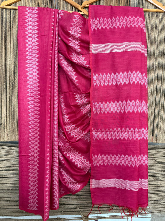 BEAUTIFUL REDDISH PINK HANDBLOCK PRINTED SARI IN SEMI TUSSAR WITH BLOUSE