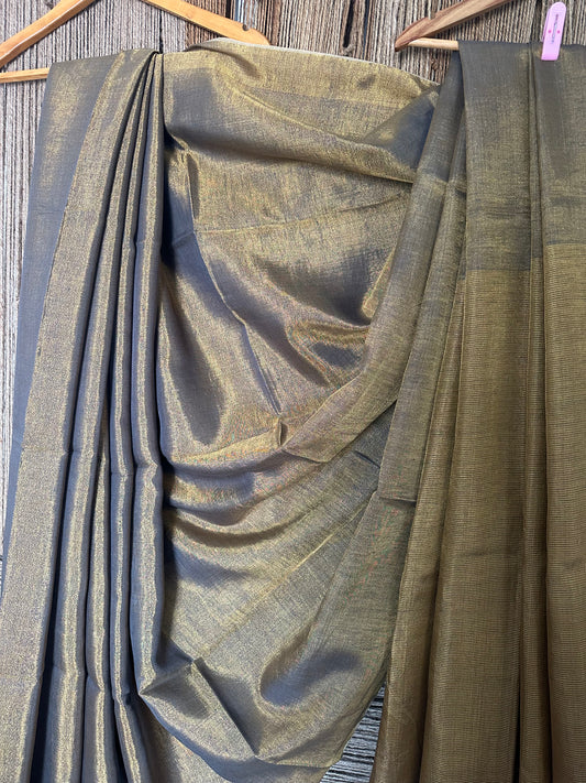 GREY COPPER TISSUE LINEN ZARI SARI WITH WOVEN RED BORDER