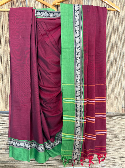 MAROON WITH GREEN TRADITIONAL NARAYANPET  COTTON SAREE WITH ELEPHANT BORDER SARI