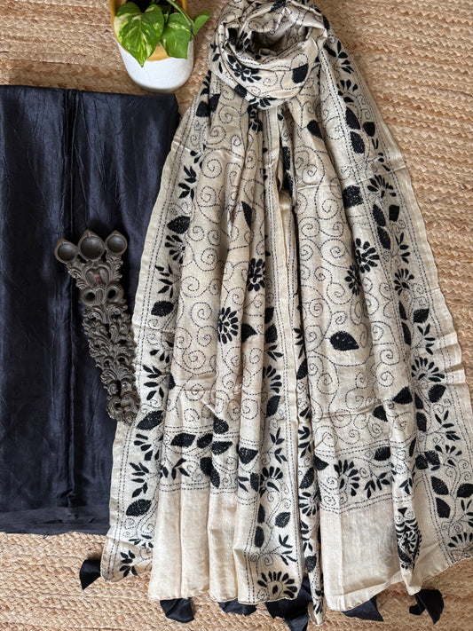 Black Solid mashru silk kurta with Natural Beige kantha work hand embroidery  Pure Tussar Silk dupatta