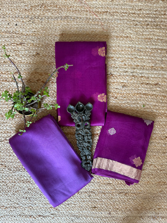 Palatinate Purple Kora silk certified handloom Banarsi kadwa Booti three piece suit