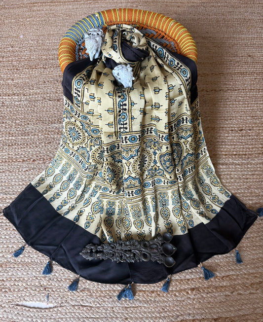 BEIGE GOLDEN AJRAKH MODAL SILK HANDCRAFTED STOLE