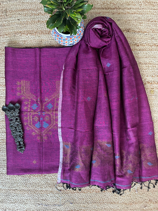 TYRIAN PURPLE JAMDANI WOVEN LINEN  KURTA SET LJS- 1035