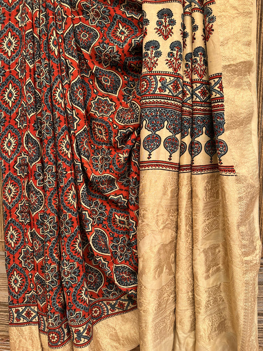 BEIGE DOLA  SILK AJRAKH ZARI BORDER SARI