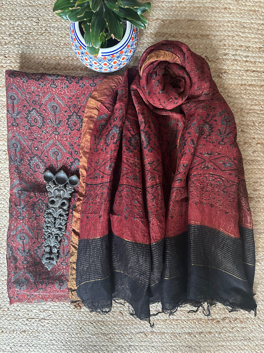MAROON AJRAKH  LINEN SILK HANDBLOCK SUIT SET